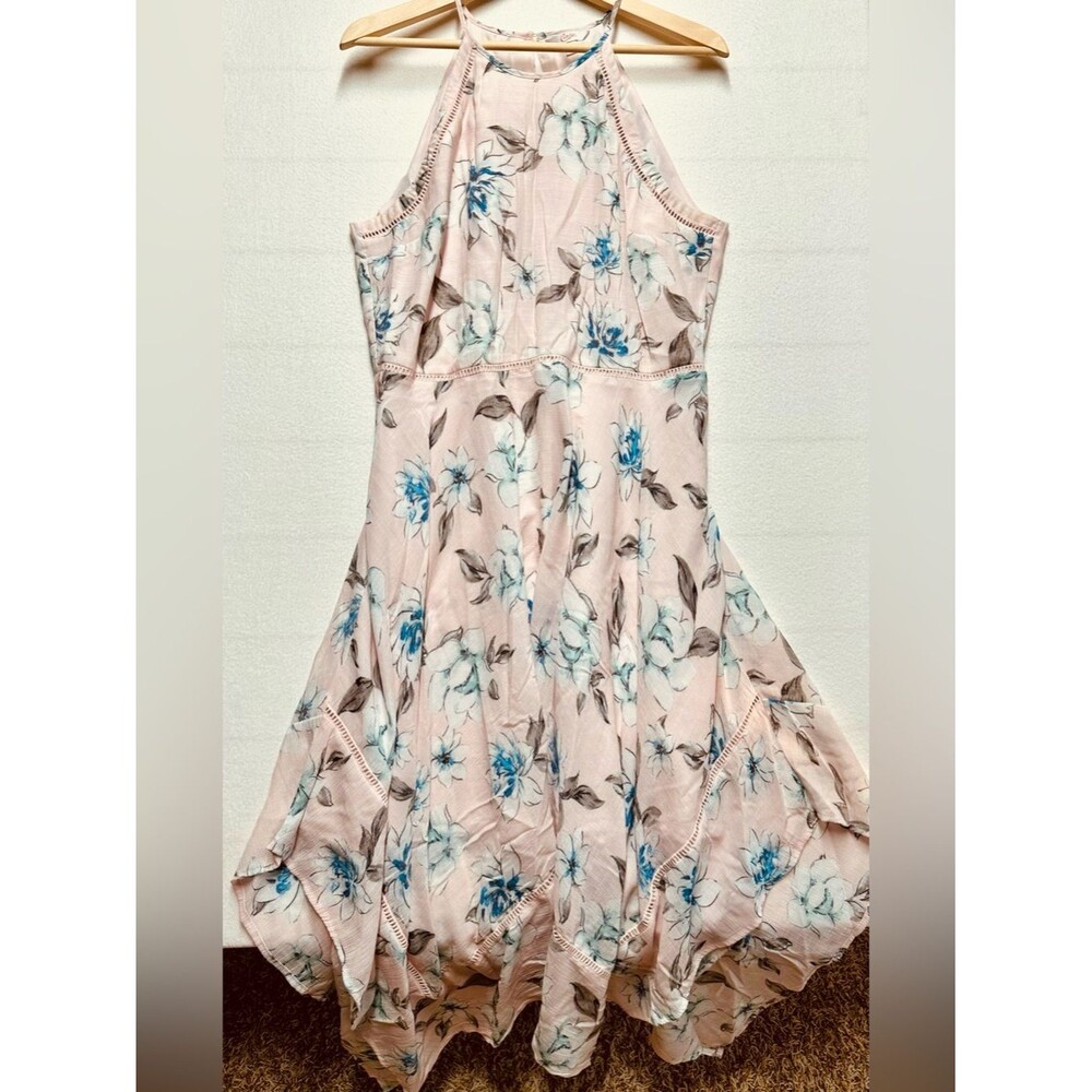 Candie’s Floral Halter Dress – XL – Pink & Blue Print – Asymmetrical Hem P2P 21”